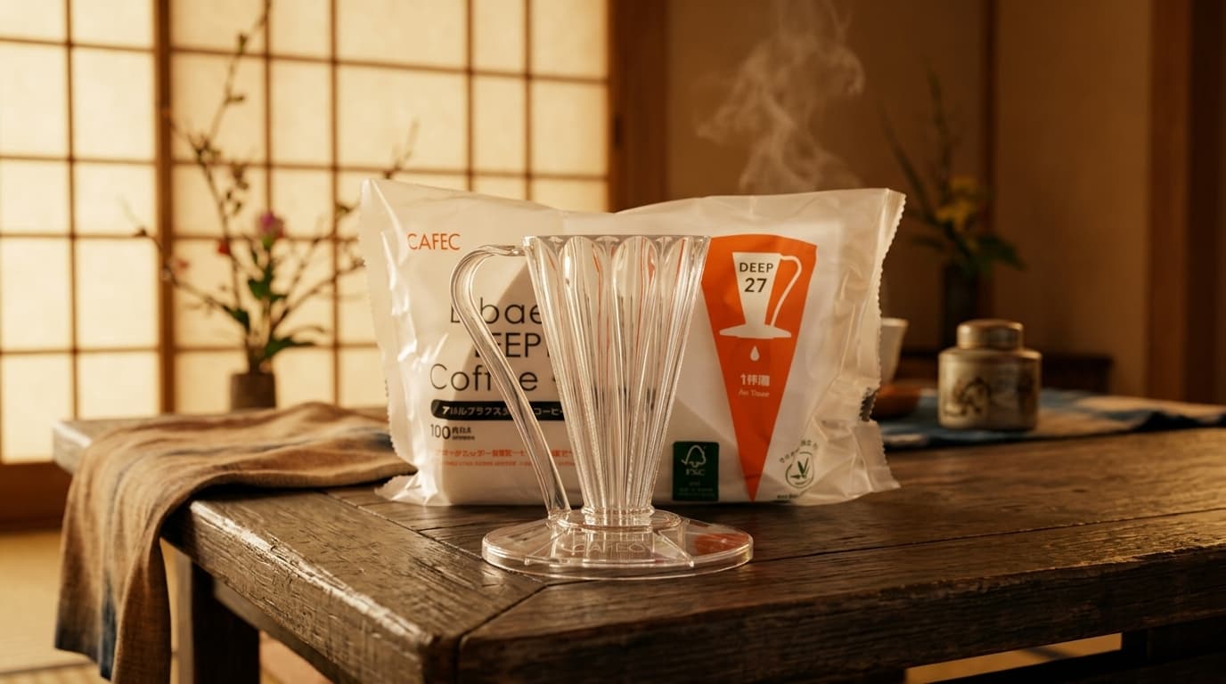 Filtro CAFEC Deep 27 y dripper, en un ambiente japonés tradicional