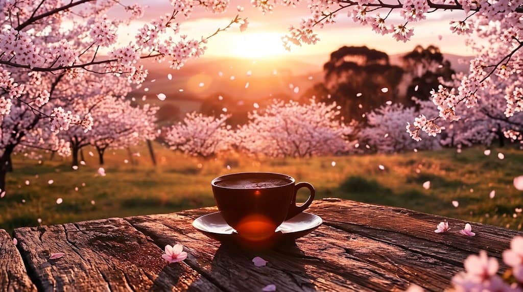Taza de café entre flores de sakura, al atardecer